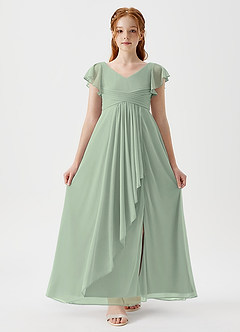 Azazie Omari Junior Vestido de Salvia Polvorienta de Malla de Corte En A con Plisado image5