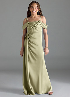 Azazie Amyra Junior Pistachio Sheath Off the Shoulder Stretch Satin Dress image1