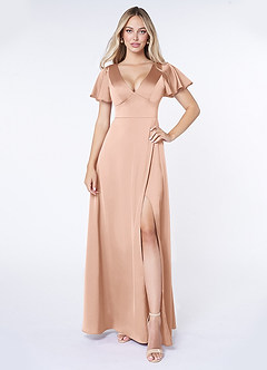 Azazie Lani Bridesmaid Dresses Rose Gold A-Line Flounce Sleeve Stretch Satin Dress image1