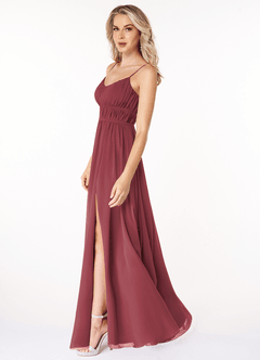 Azazie Yanelie Bridesmaid Dresses Merlot A-Line Scoop Pleated Chiffon Dress image3