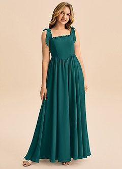 Azazie Delia Junior Abito A-Line in Chiffon Fiocco Verde Pavone image1
