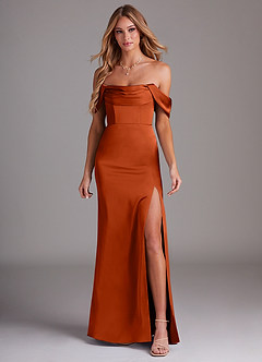 Azazie Saige Bridesmaid Dresses Paprika Sheath Off the Shoulder Stretch Satin Dress image3