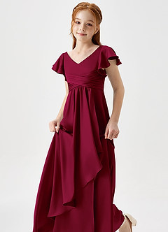 Azazie Omari Junior Burgundy A-Line Pleated Stretch Satin Dress image6