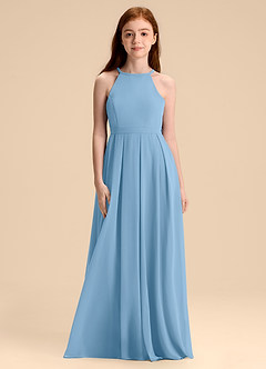 Azazie Arianthe Junior Abito A-Line in Chiffon Plissettato Blu Acciaio image4