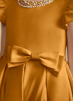 Azazie Pearl Flower Girl Dresses Butterscotch Ball-Gown Pleated Matte Satin Dress image7
