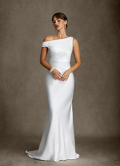 Azazie Ciara Trouwjurken Jurk van Stretch Satijn met Zeemeermin Off-shoulder Diamant Wit image4