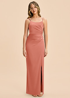 Azazie Calandra Junior Salmon Pink Sheath Pleated Stretch Satin Dress image6