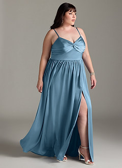Azazie Zeya Bridesmaid Dresses Steel Blue A-Line Pleated Stretch Satin Dress image12