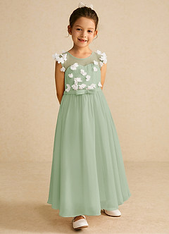 Azazie Arlo Flower Girl Dresses Ivory Dusty Sage A-Line Bow Chiffon Dress image4