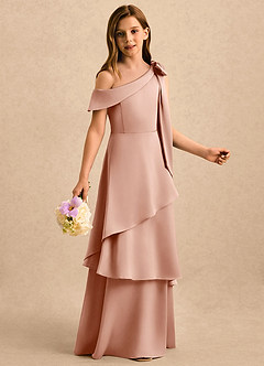 Azazie Shyloh Girls Formal Flower Girl Dresses Rose Gold A-Line Off the Shoulder Stretch Satin Dress image5