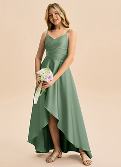 Azazie Eirlys Junior Robe Trapèze en Satin extensible Plissée Matcha image4