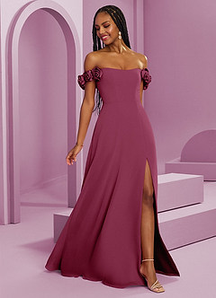 Barbie ♥ Azazie Suknie dla druhen Rozkloszowana szyfonowa sukienka z odkrytymi ramionami i kwiatowymi rozetkami image8