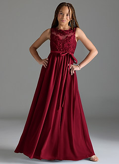 Azazie Elly Junior Burgundy A-Line Lace Chiffon Dress image3