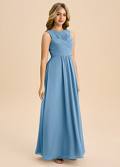 Azazie Skyla Junior Steel Blue A-Line Pleated Chiffon Dress image4