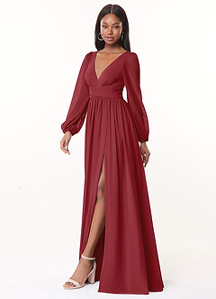 Azazie Norah Bridesmaid Dresses Pomegranate A-Line V-Neck Long Sleeve Chiffon Dress image4
