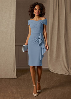Azazie Monet Mother of the Bride Dresses Dusty Blue Sheath Pleated Stretch Crepe Dress image1