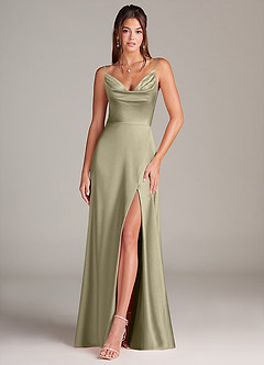 Azazie Sarella Bridesmaid Dresses Moss Green A-Line with Pockets Metallic Satin Dress image1