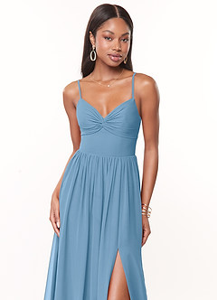 Azazie Zeya Brautjungfernkleider A-Linie V-Hals Gefaltet Chiffon Kleid Stahlblau image5