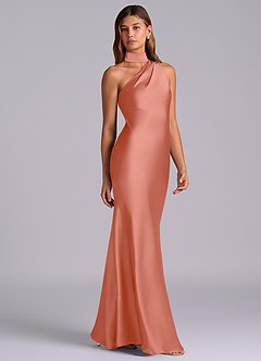 Azazie Seona Vestidos de madrinha de casamento Vestido Rosa Salmão de Cetim elástico de sereia com Ombro Único image6