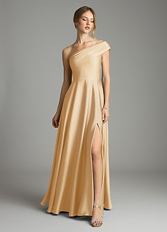 Azazie Melanie Vestidos de damas de honor Vestido de Oro de Satén Elástico de Corte en A con Vestidos sin tirantes image3