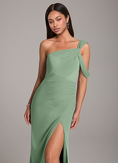 Azazie Wynter Bridesmaid Dresses Matcha Sheath Off the Shoulder Chiffon Dress image7