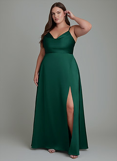 Azazie Sarella Robes de demoiselle d'honneur Robe Trapèze en Satin extensible Plissé émeraude image6