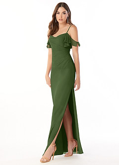 Azazie Emeralda Bridesmaid Dresses Olive Sheath Off the Shoulder Chiffon Dress image1