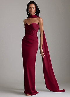 Azazie Sonora At-home Try On Dresses Burgundy Sheath Strapless Stretch Satin Dress image10