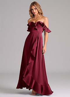 Azazie Lyra Bridesmaid Dresses Burgundy A-Line Off the Shoulder Stretch Satin Convertible Dress image4