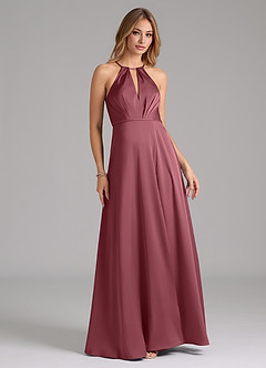 Azazie Evalleen Robes de demoiselle d'honneur Robe Trapèze en Satin extensible Plissée Rose Du Désert image3