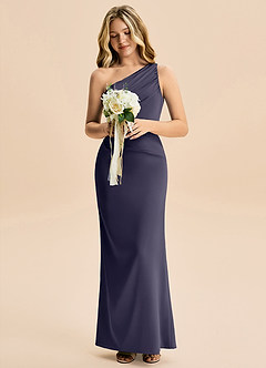 Azazie Akilah Junior Robe Fourreau en Satin extensible Plissée Bleu Orageux image4