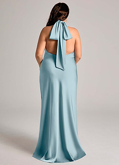 Azazie Velli Vestidos de damas de honor Vestido de Azul Malhumorado de Satén Elástico de Corte Sirena con Cuello Alto image7