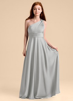 Azazie Charlize Junior Vestido de Plata de Satén Elástico de Corte en A con Plisado image4