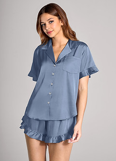 front Matching Color Ruffled Short Sleeve Pajama Set