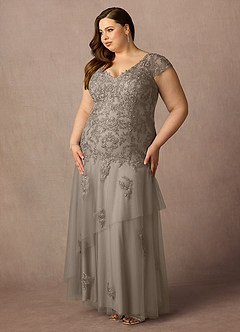 Azazie Romy Mother of the Bride Dresses Taupe Mermaid V-Neck Sequins Tulle Dress image9