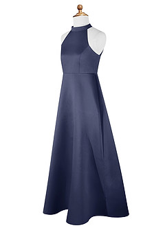 Azazie Laurel Junior Robe Trapèze en Mat Satiné Bleu Orageux image8
