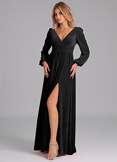 Azazie Norah Bridesmaid Dresses Black A-Line Long Sleeve Velvet Dress image4