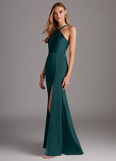 Azazie Elana Bridesmaid Dresses Pine Sheath Side Slit Stretch Satin Dress image3