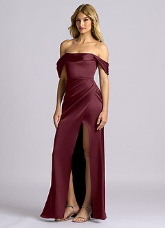Azazie Auden Robes de demoiselle d'honneur Robe Fourreau Convertible en Satin extensible Épaule décolletée Cabernet image4