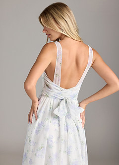 Azazie Kora Bridesmaid Dresses Blue Vintage Floral A-Line Pleated Chiffon Dress image2