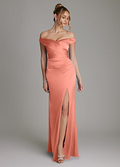 Azazie Teyana Bridesmaid Dresses Salmon Pink Sheath Off the Shoulder Stretch Satin Dress image1