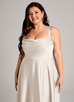 Azazie Shaude Bridesmaid Dresses White Alabaster A-Line Pleated Stretch Satin Dress image10