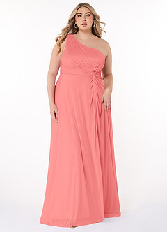 Azazie Brooke Bridesmaid Dresses Coral A-Line One Shoulder Mesh Dress image6