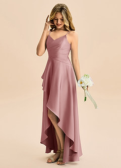 Azazie Eirlys Junior Abito A-Line in Raso Elasticizzato Plissettato Rosa Polverosa image3