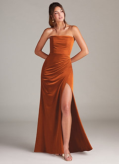 Azazie Leonis Bridesmaid Dresses Burnt Orange Mermaid Strapless Velvet Dress image1