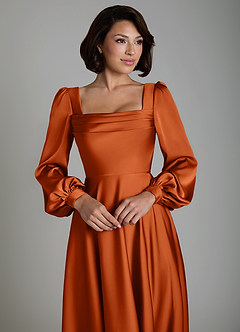 Azazie Solana Vestidos de damas de honor Vestido Naranja Quemada de Satén Elástico de Línea A con Manga larga image3