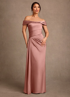 Azazie Beah Mother of the Bride Dresses Rosette Sheath Off the Shoulder Stretch Satin Dress image1
