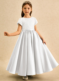 Azazie Cashew Robe Demoiselle D'honneur Fillette Robe Princesse en Mat Satiné avec manches Blanc image4