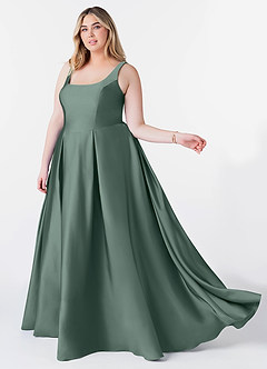 Azazie Neve Bridesmaid Dresses Sea Moss Ball-Gown with Pockets Stretch Satin Dress image8