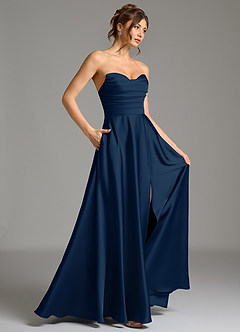 Azazie Ayla Vestidos de damas de honor Vestido Azul Marino Oscuro de Satén Elástico de Línea A con Corsé image6